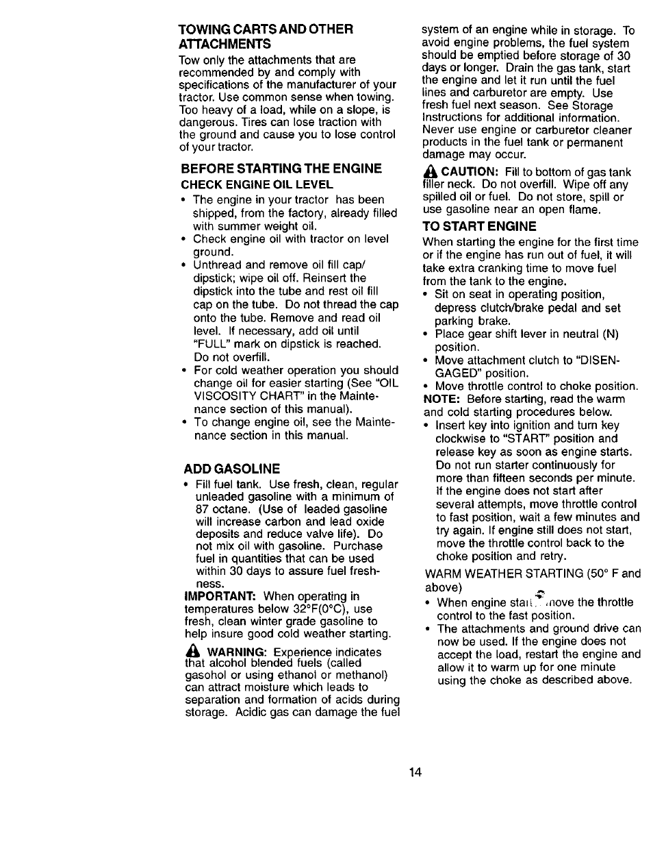 Towing carts and other attachments, Before starting the engine check engine oil level, Add gasoline | To start engine | Sears 917.271051 User Manual | Page 14 / 60