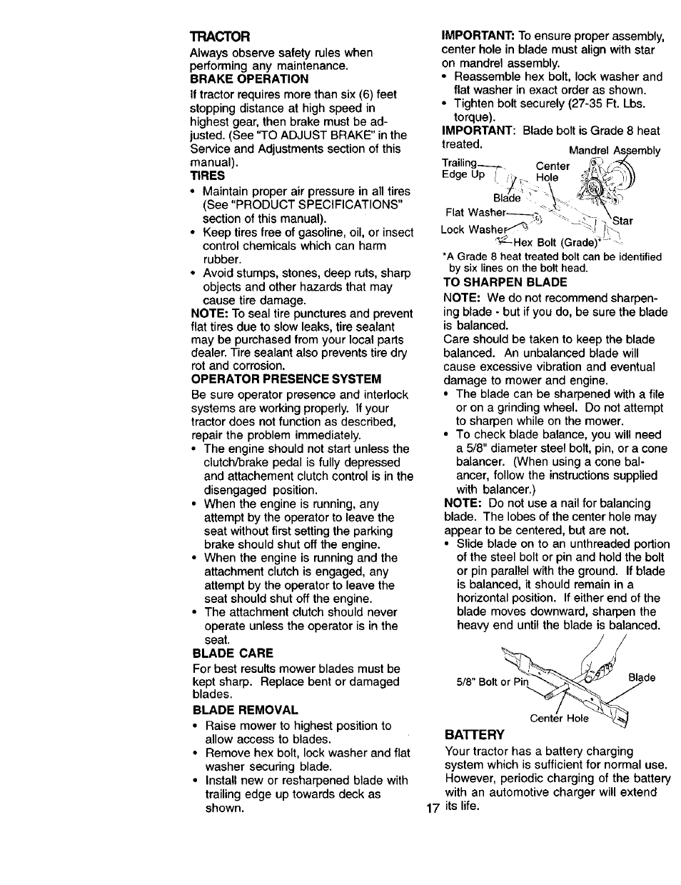Tractor, Tires, Operator presence system | Blade care, Blade removal | Sears 917.271051 User Manual | Page 17 / 60