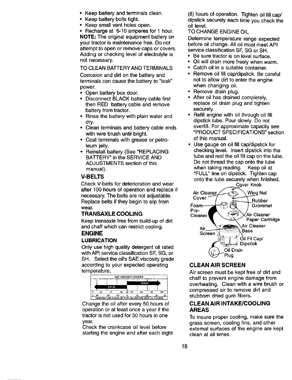 V-belts, Transaxle cooling, Engine | Clean air screen, Clean air intake/cooling areas | Sears 917.271051 User Manual | Page 18 / 60