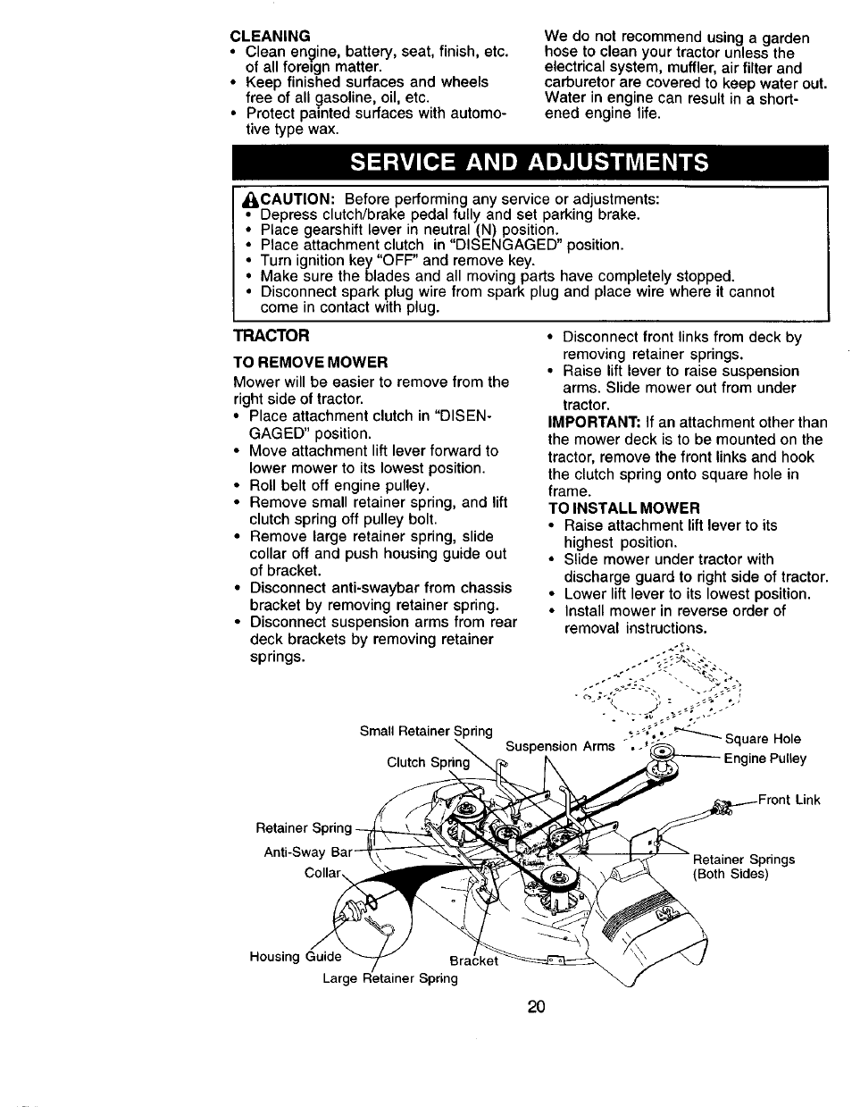 Service and adjustments, Tractor | Sears 917.271051 User Manual | Page 20 / 60