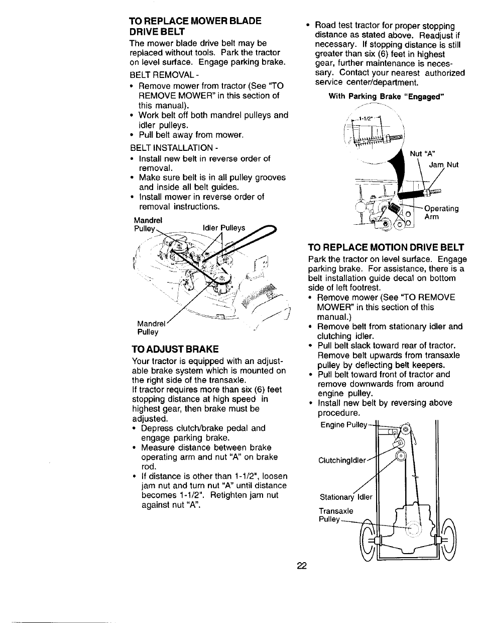 To replace mower blade drive belt, To adjust brake, To replace motion drive belt | Sears 917.271051 User Manual | Page 22 / 60