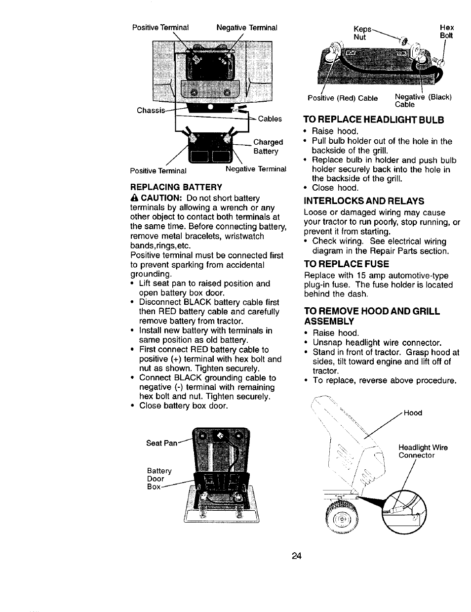 To replace headlight bulb, Interlocks and relays, To replace fuse | To remove hood and grill assembly | Sears 917.271051 User Manual | Page 24 / 60