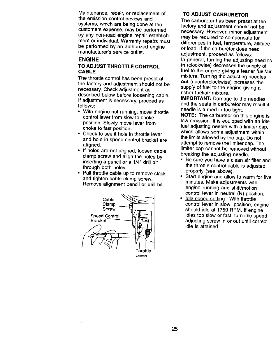 Engine, To adjust throttle control cable, To adjust carburetor | Sears 917.271051 User Manual | Page 25 / 60