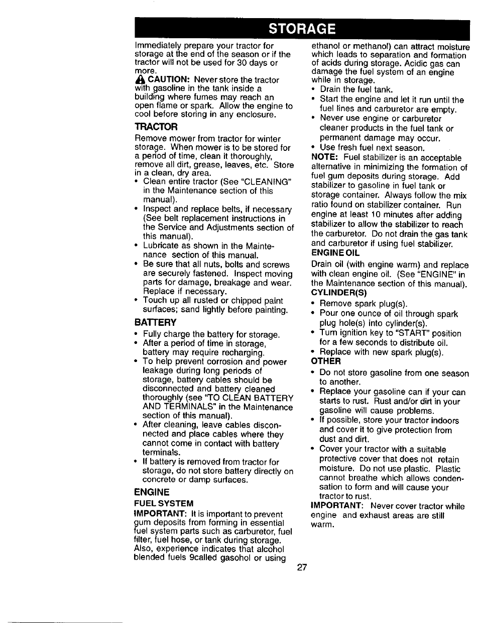 Tractor, Battery, Storage | Sears 917.271051 User Manual | Page 27 / 60