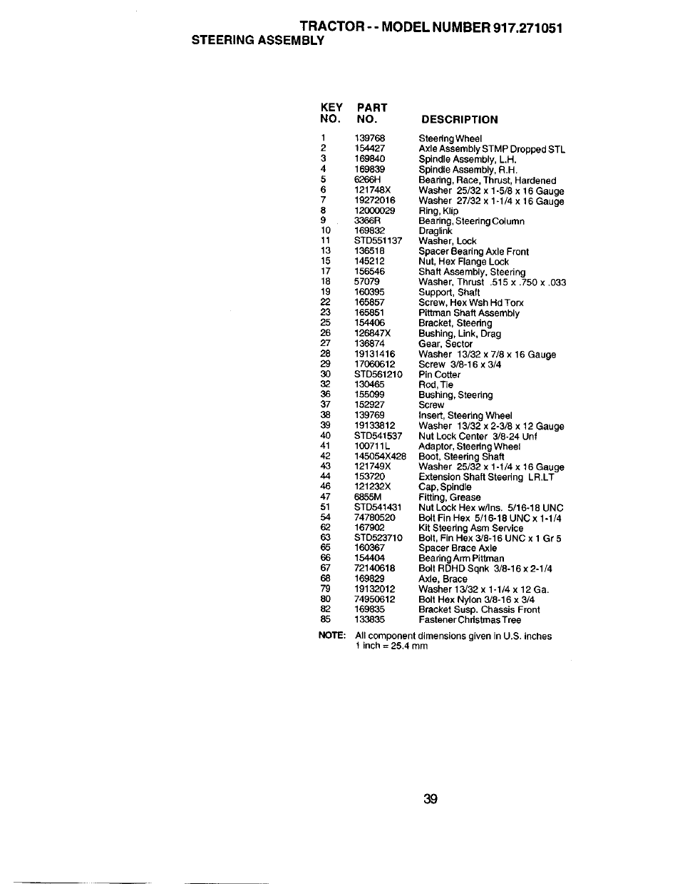 Steering assembly, Key no. part no. description | Sears 917.271051 User Manual | Page 39 / 60