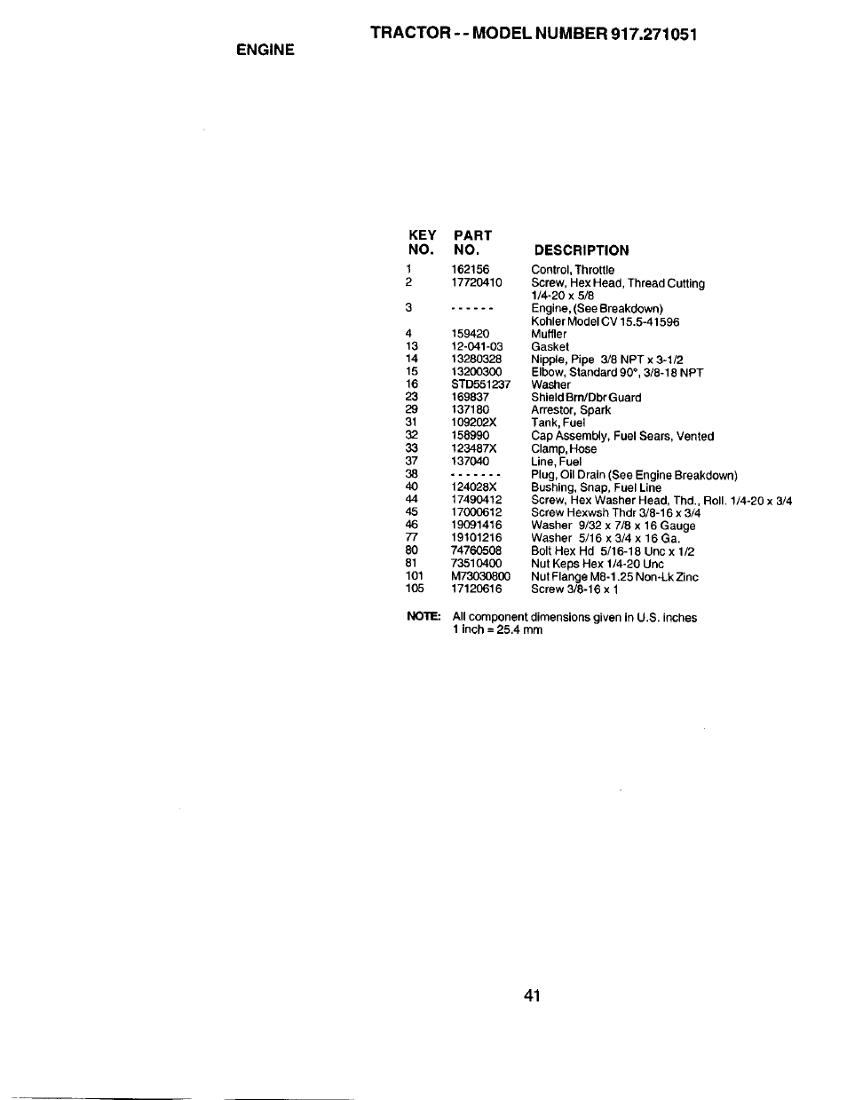 Key part no. no. description | Sears 917.271051 User Manual | Page 41 / 60