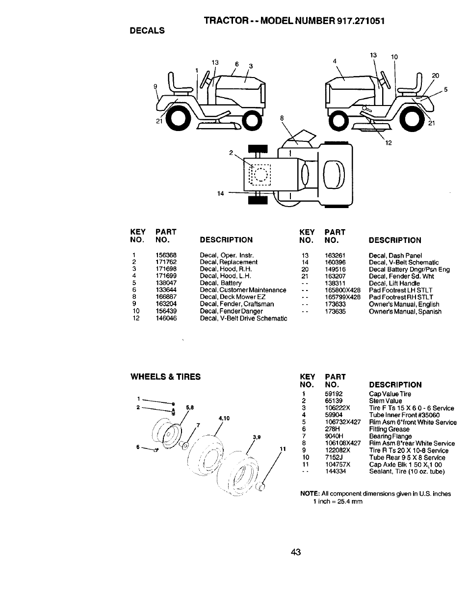 Decals, Wheels & tires, Key no. part no. description | Sears 917.271051 User Manual | Page 43 / 60