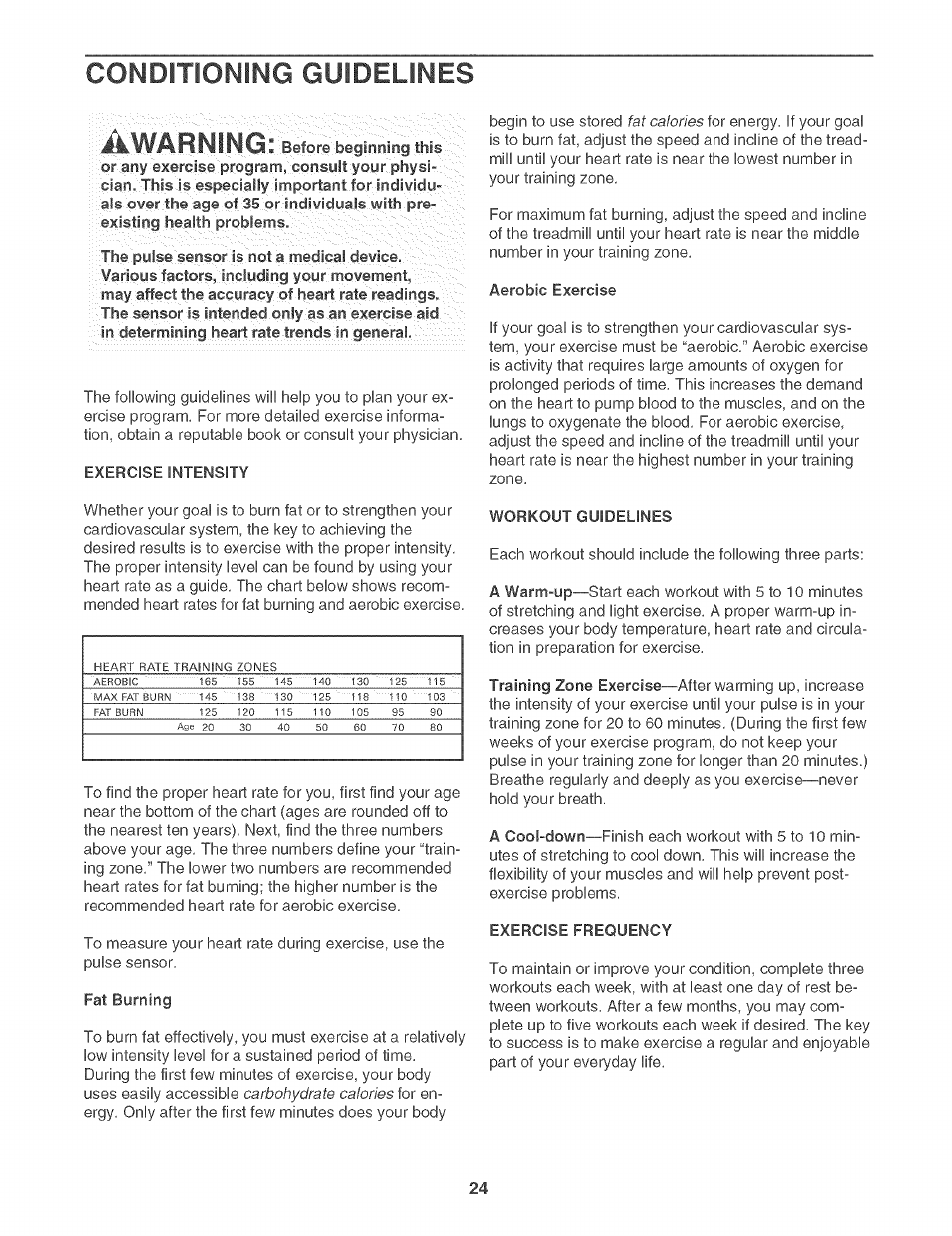 Conditioning guidelines, Conditioning guidelines awarning | Sears 831.29506 User Manual | Page 24 / 30