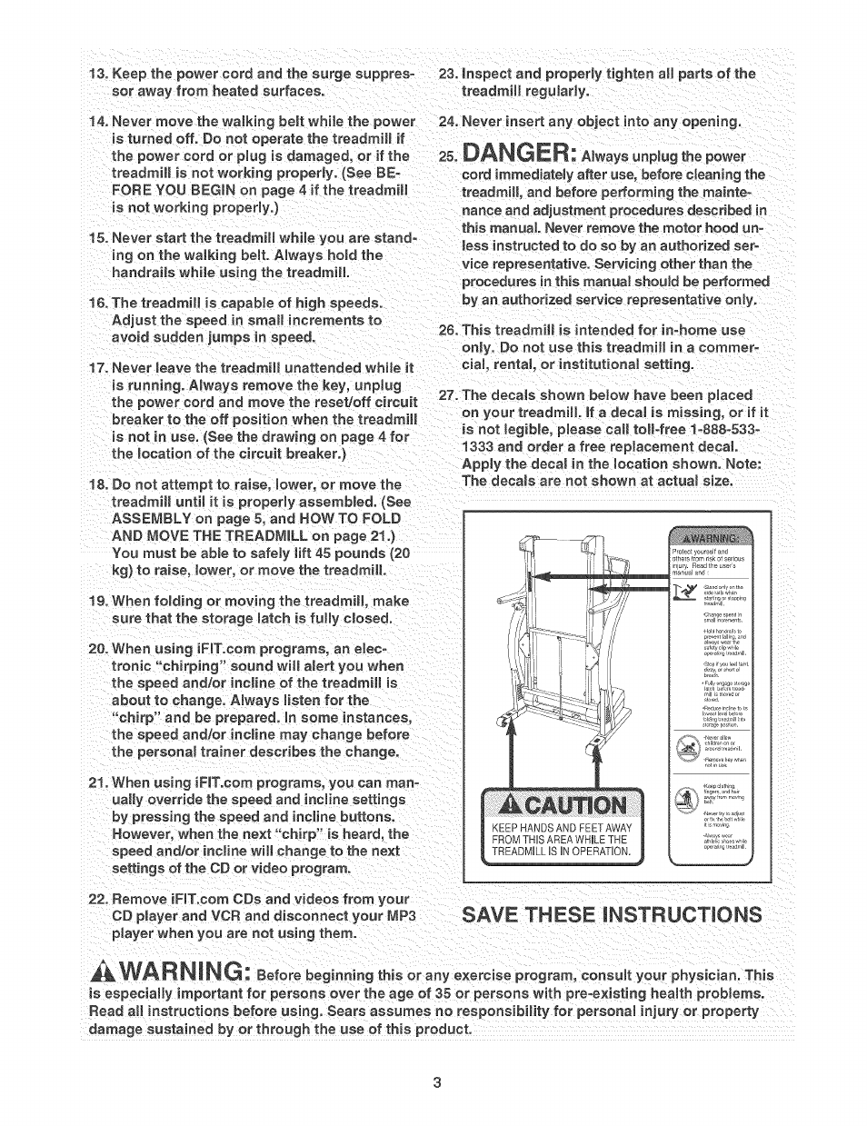 Danger, Awarning, Save these instructions | Sears 831.29506 User Manual | Page 3 / 30