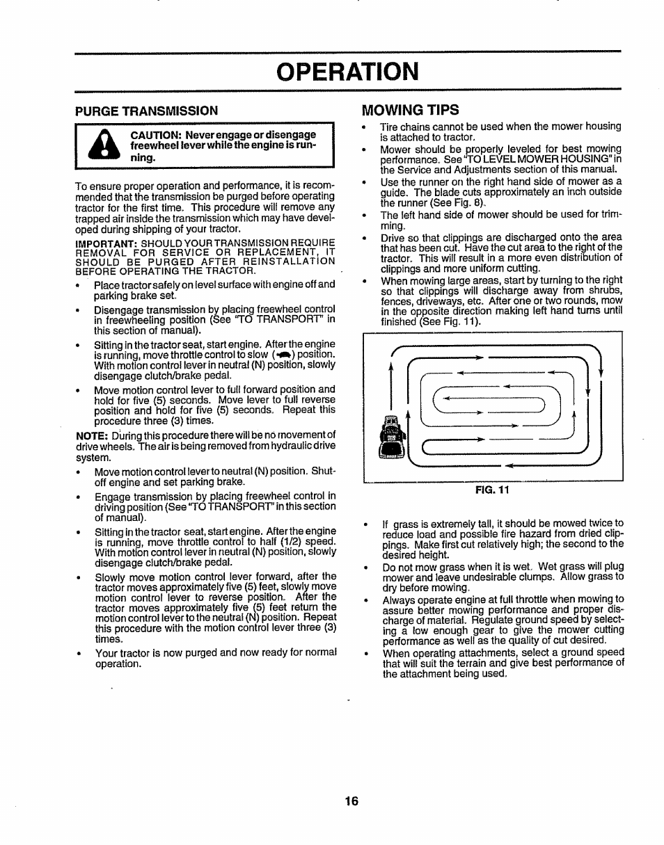 Purge transmission, Mowing tips, Operation | Sears 917.25156 User Manual | Page 16 / 60