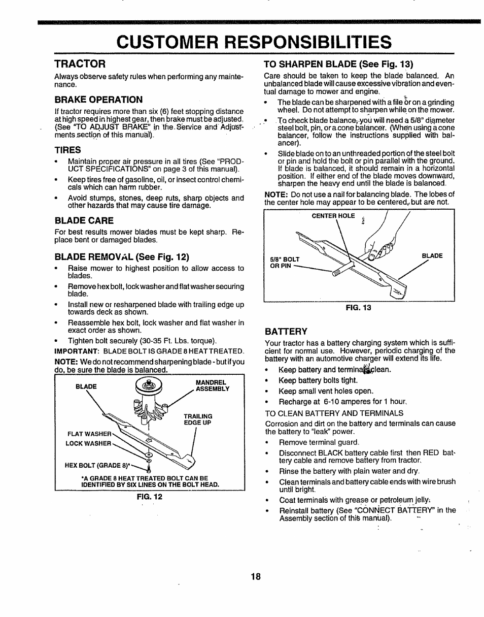 Tractor, Brake operation, Tires | Blade care, Blade removal (see fig. 12, To sharpen blade (see fig. 13), Battery, Customer responsibilities | Sears 917.25156 User Manual | Page 18 / 60