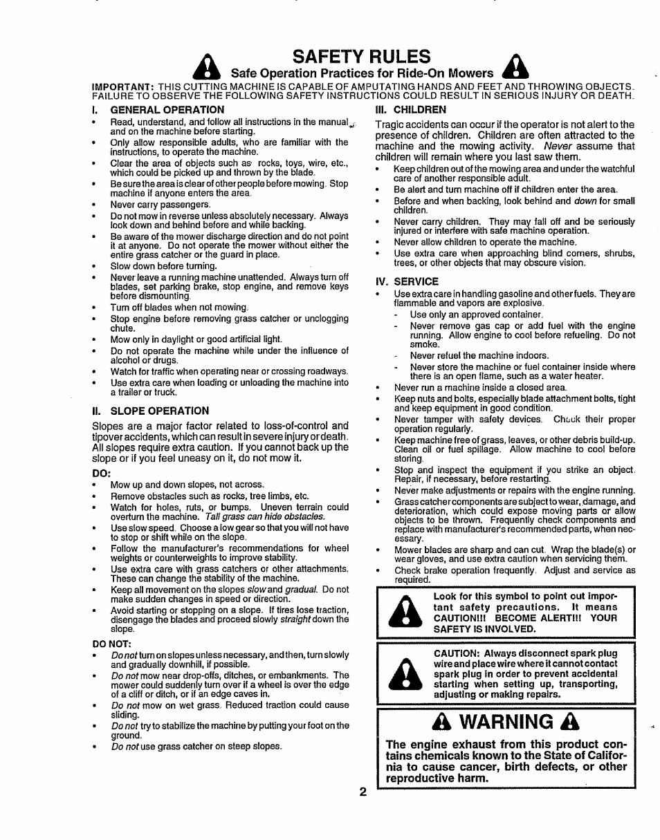 Safe operation practices for ride-on mowers, I. general operation, Ii. slope operation | Iii. children, Iv. service, Safety rules, Warning | Sears 917.25156 User Manual | Page 2 / 60