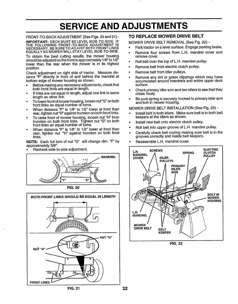 To replace mower drive belt, Service and adjustments | Sears 917.25156 User Manual | Page 22 / 60