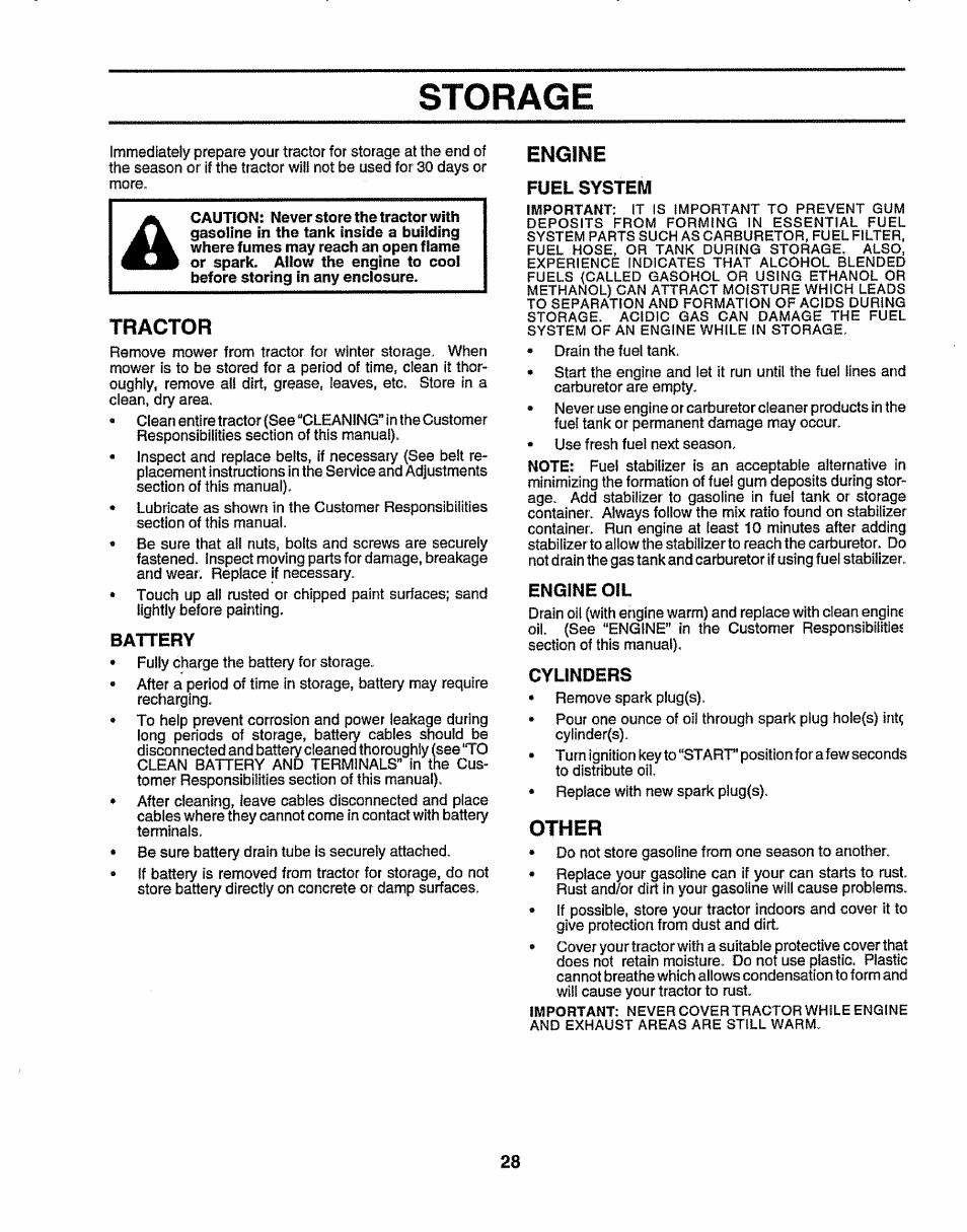 Storage, Tractor, Battery | Engine, Fuel system, Engine oil, Cylinders, Other | Sears 917.25156 User Manual | Page 28 / 60