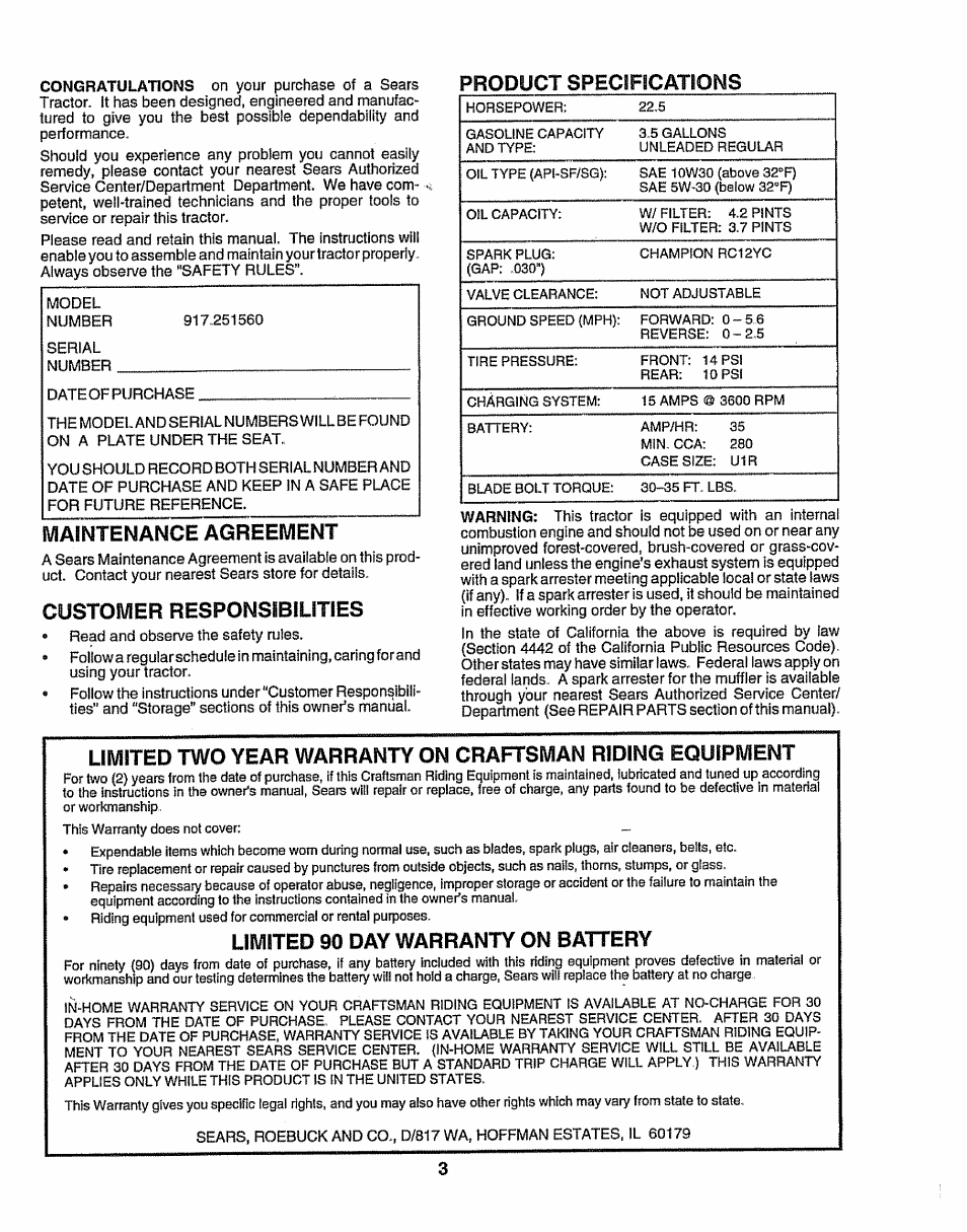 Product specifications, Maintenance agreement, Customer responsibilities | Limited 90 day warranty on battery | Sears 917.25156 User Manual | Page 3 / 60