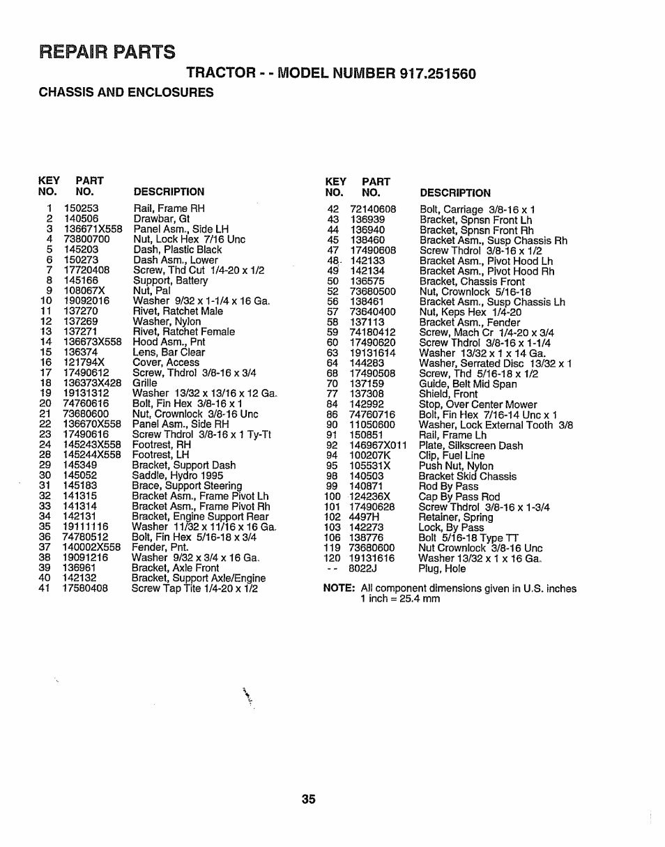 Tractor - - model number 917.251560, Chassis and enclosures, Repair | Parts | Sears 917.25156 User Manual | Page 35 / 60