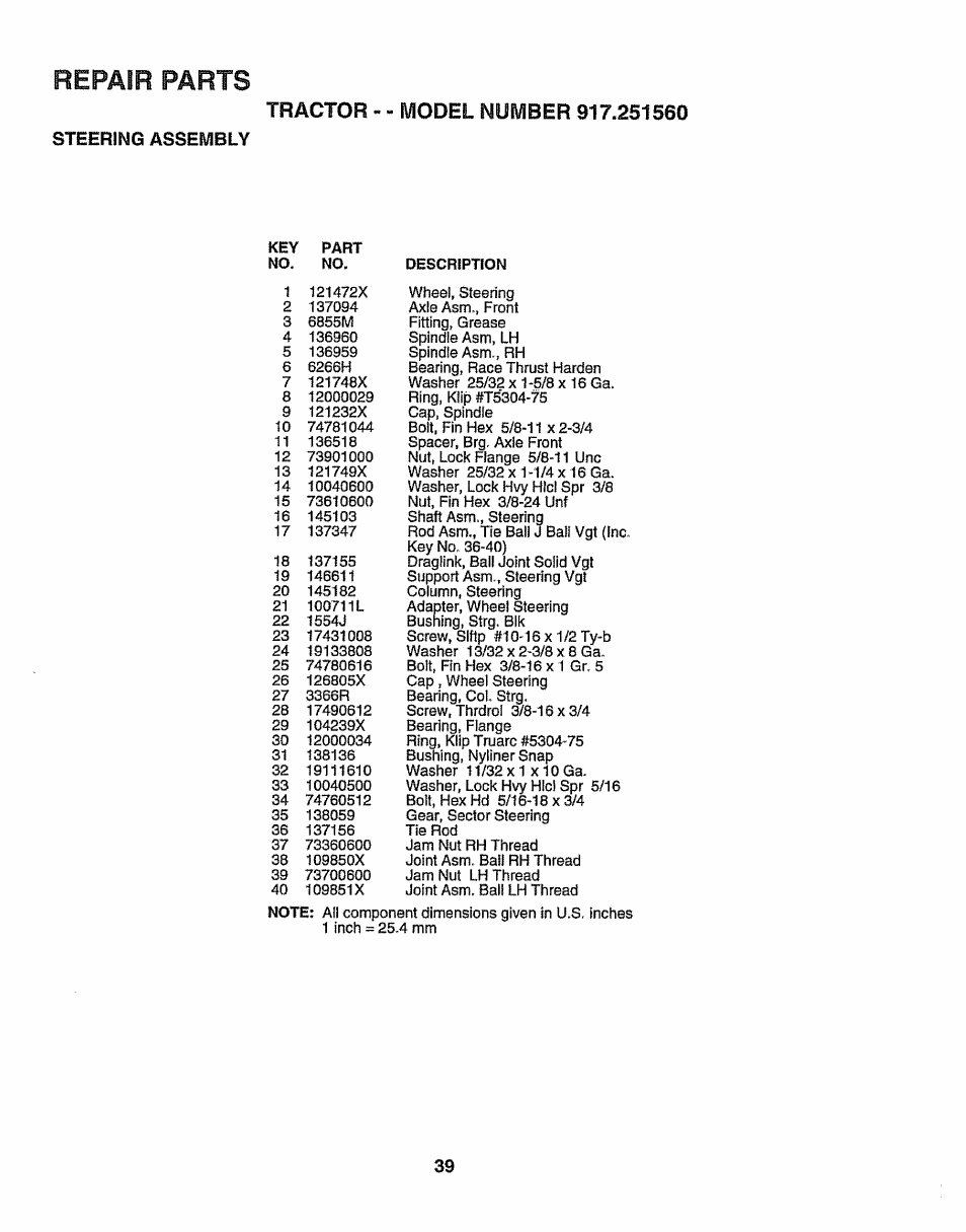 Steering assembly, Parts, Repair | Sears 917.25156 User Manual | Page 39 / 60