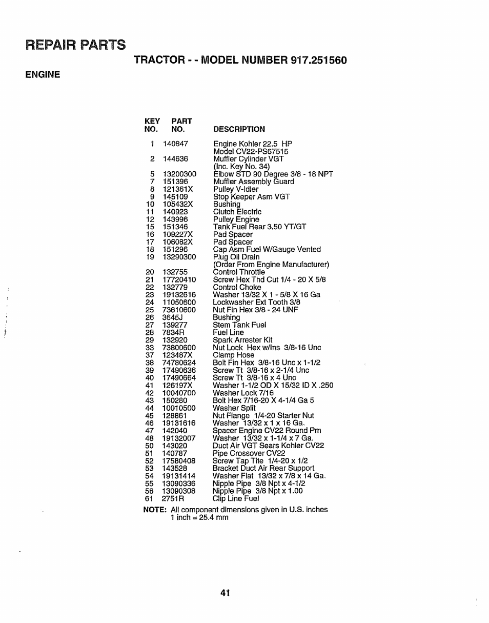 Engine, Repair, Parts | Sears 917.25156 User Manual | Page 41 / 60