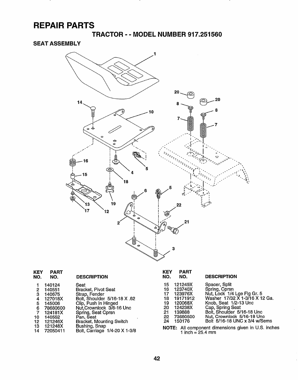 Seat assembly, Repair parts | Sears 917.25156 User Manual | Page 42 / 60