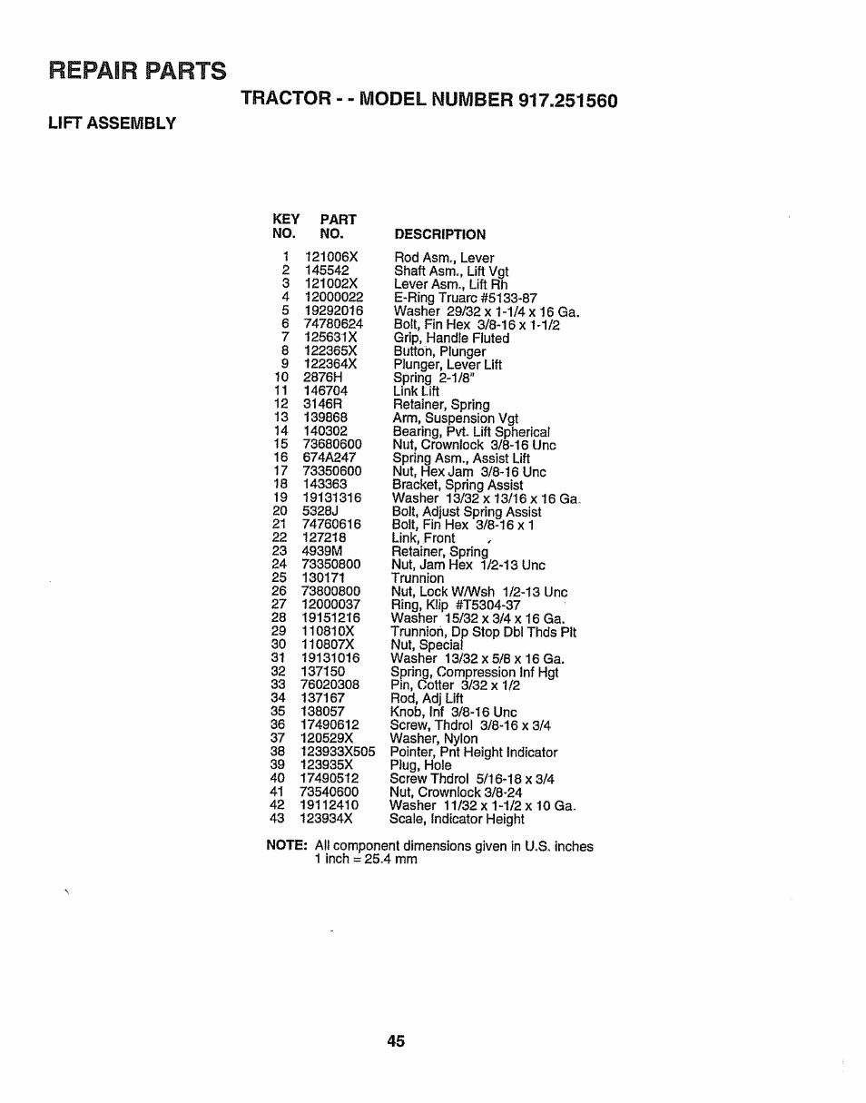 Lift assembly, Parts, Repair | Sears 917.25156 User Manual | Page 45 / 60