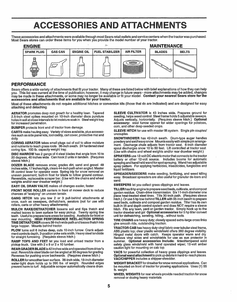 Accessories and attachments, Engine, Maintenance | Performance | Sears 917.25156 User Manual | Page 5 / 60