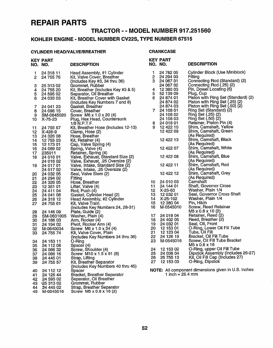 Cylinder headwalve/breather, Description, Repair parts | Sears 917.25156 User Manual | Page 52 / 60