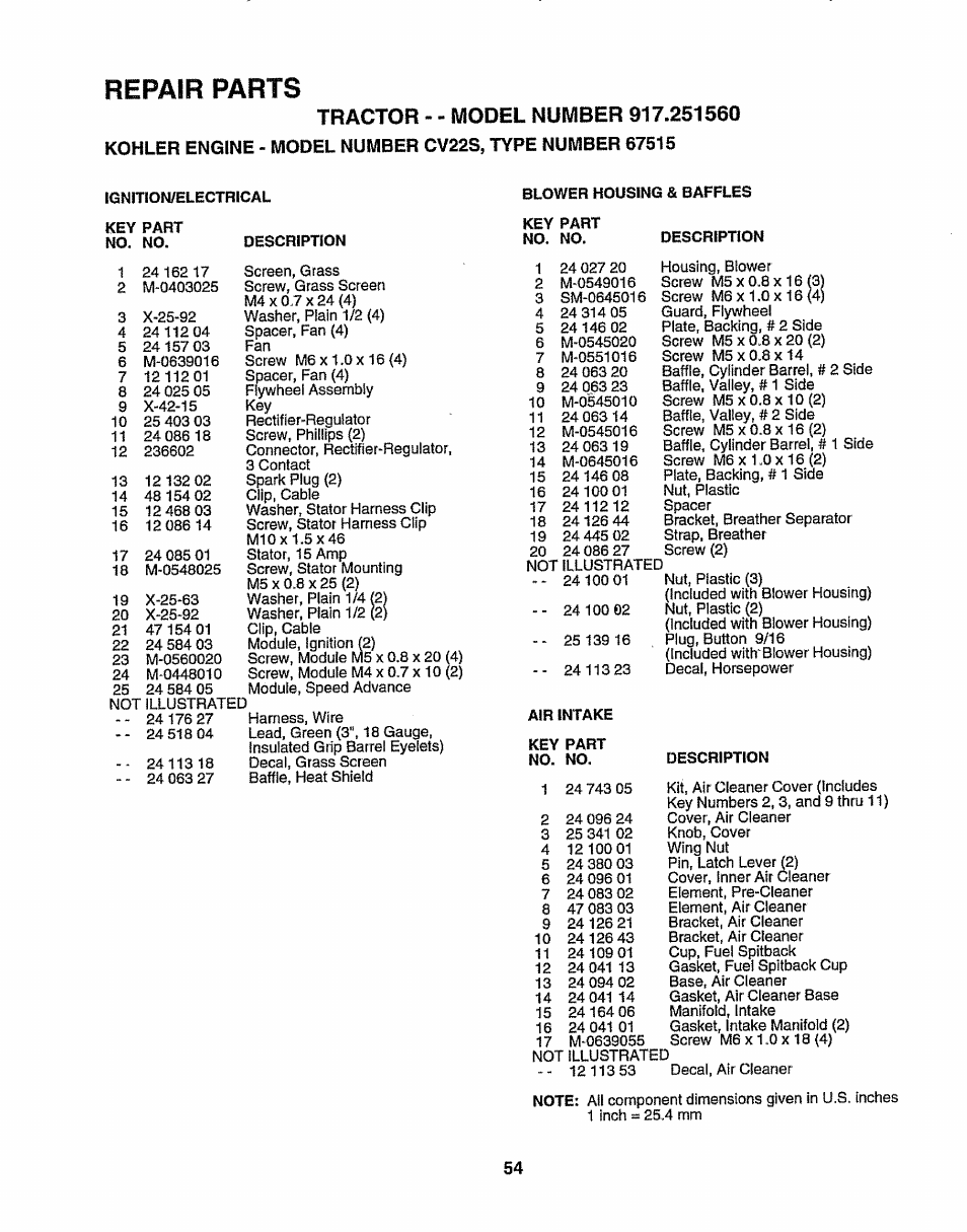 Ignition/electrical, Key part no. no, Description | Repair parts | Sears 917.25156 User Manual | Page 54 / 60