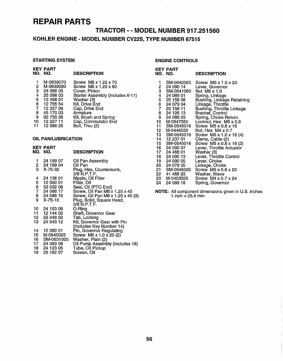 Repair parts | Sears 917.25156 User Manual | Page 56 / 60