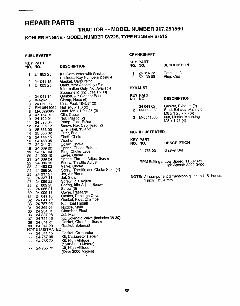 Description, Repair parts | Sears 917.25156 User Manual | Page 58 / 60