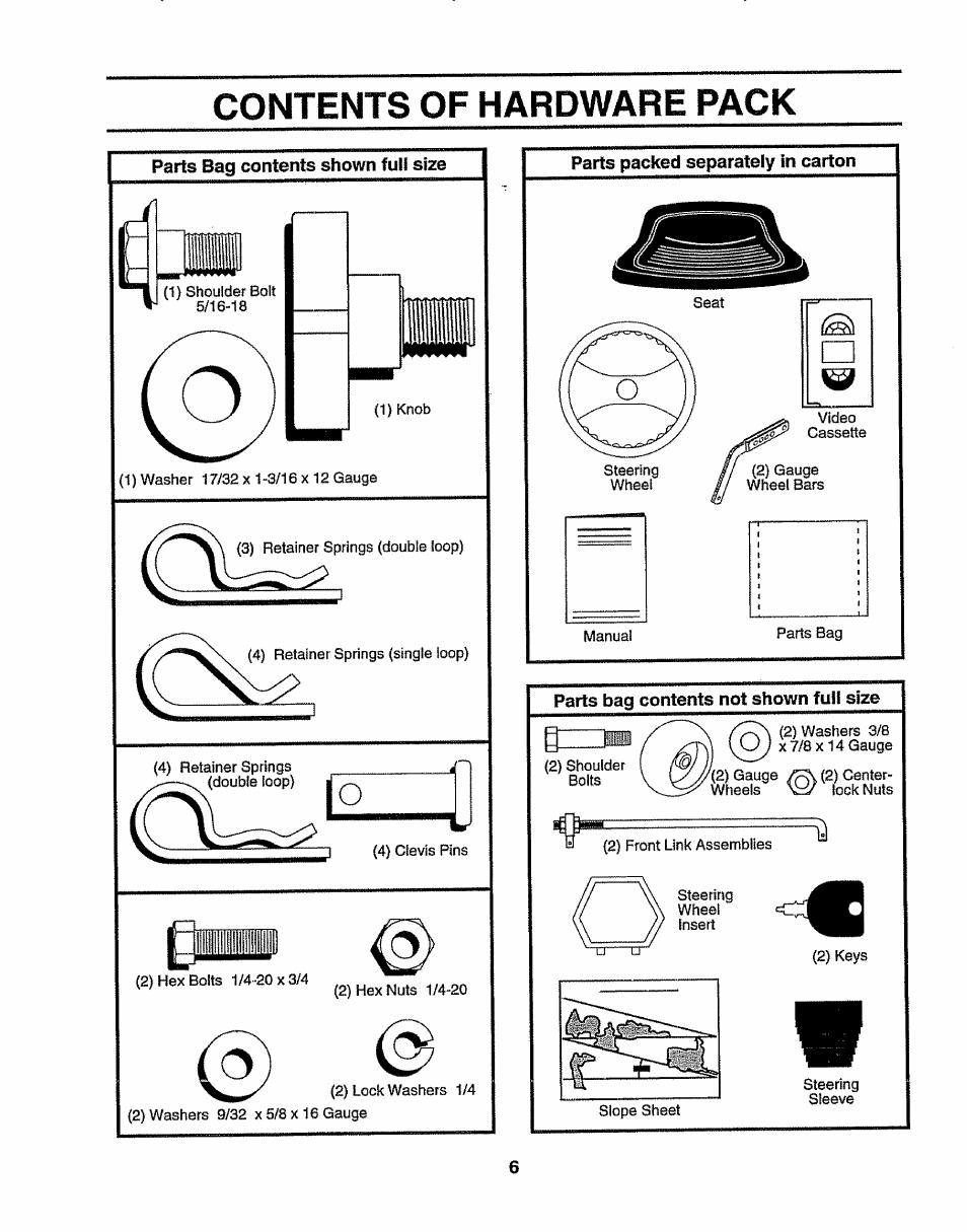 Contents of hardware pack, Parts packed separately in carton, Parts bag contents not shown full size | Sears 917.25156 User Manual | Page 6 / 60