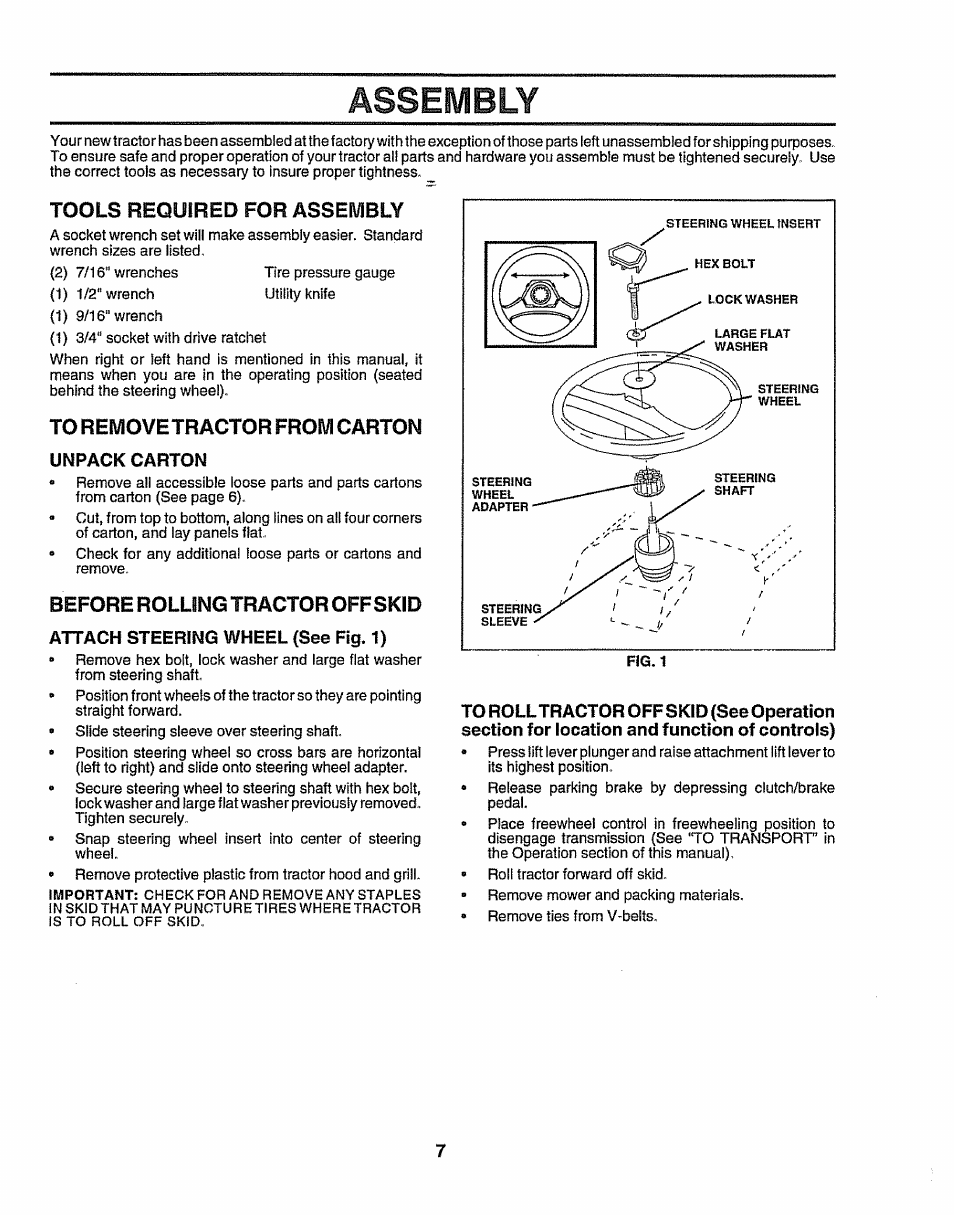 Tools required for assembly, To removetractor from carton, Unpack carton | Before rolling tractor off skid, Attach steering wheel (see fig. 1), Assembly | Sears 917.25156 User Manual | Page 7 / 60