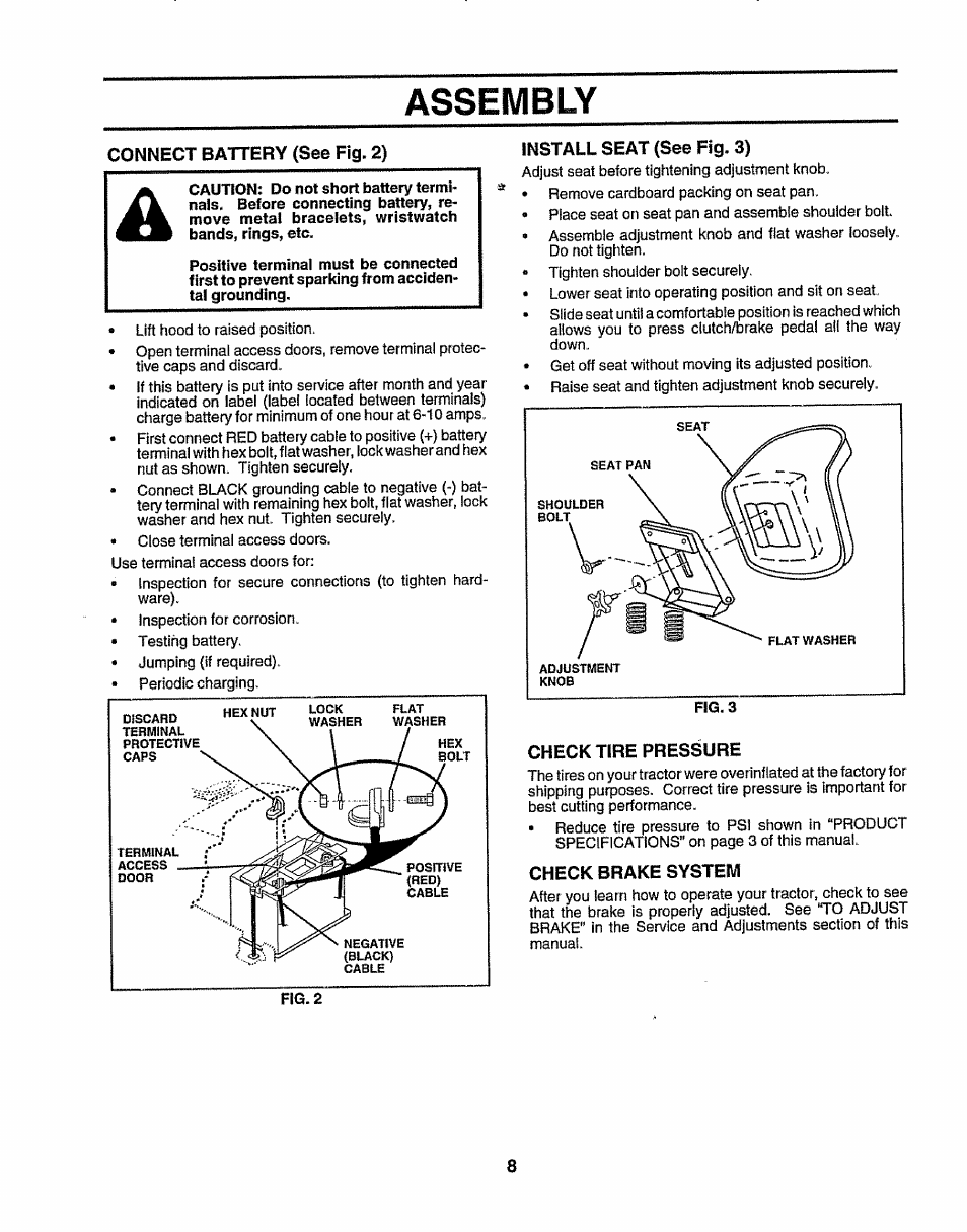 Connect battery (see fig. 2), Install seat (see fig. 3), Check tire pressure | Check brake system, Assembly | Sears 917.25156 User Manual | Page 8 / 60