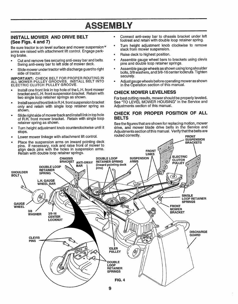 Install mower and drive belt (see figs. 4 and 7), Check mower levelness, Check for proper position of all belts | Assembly | Sears 917.25156 User Manual | Page 9 / 60