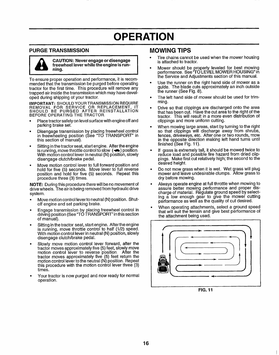 Purge transmission, Mowing tips, Operation | Sears 917.25049 User Manual | Page 16 / 64