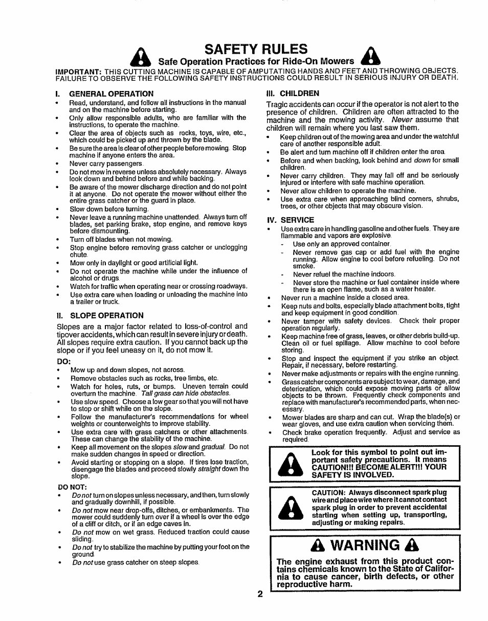 General operation, Ii. slope operation, Iii. children | Iv. service, Safety rules, Warning, Safe operation practices for ride-on mowers | Sears 917.25049 User Manual | Page 2 / 64