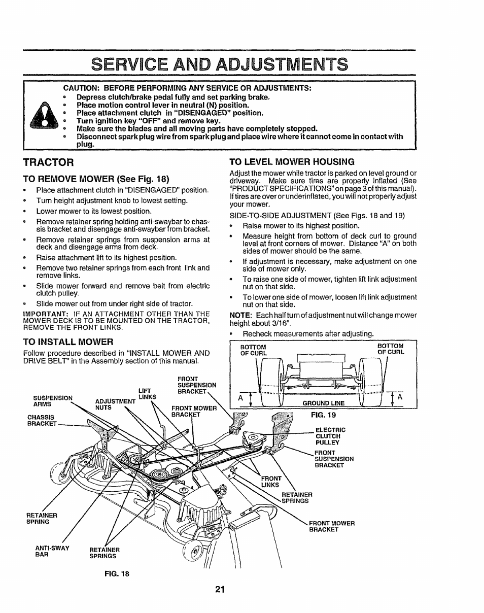 To remove mower {see fig. 18), To level mower housing, Service and adjustments | Sears 917.25049 User Manual | Page 21 / 64