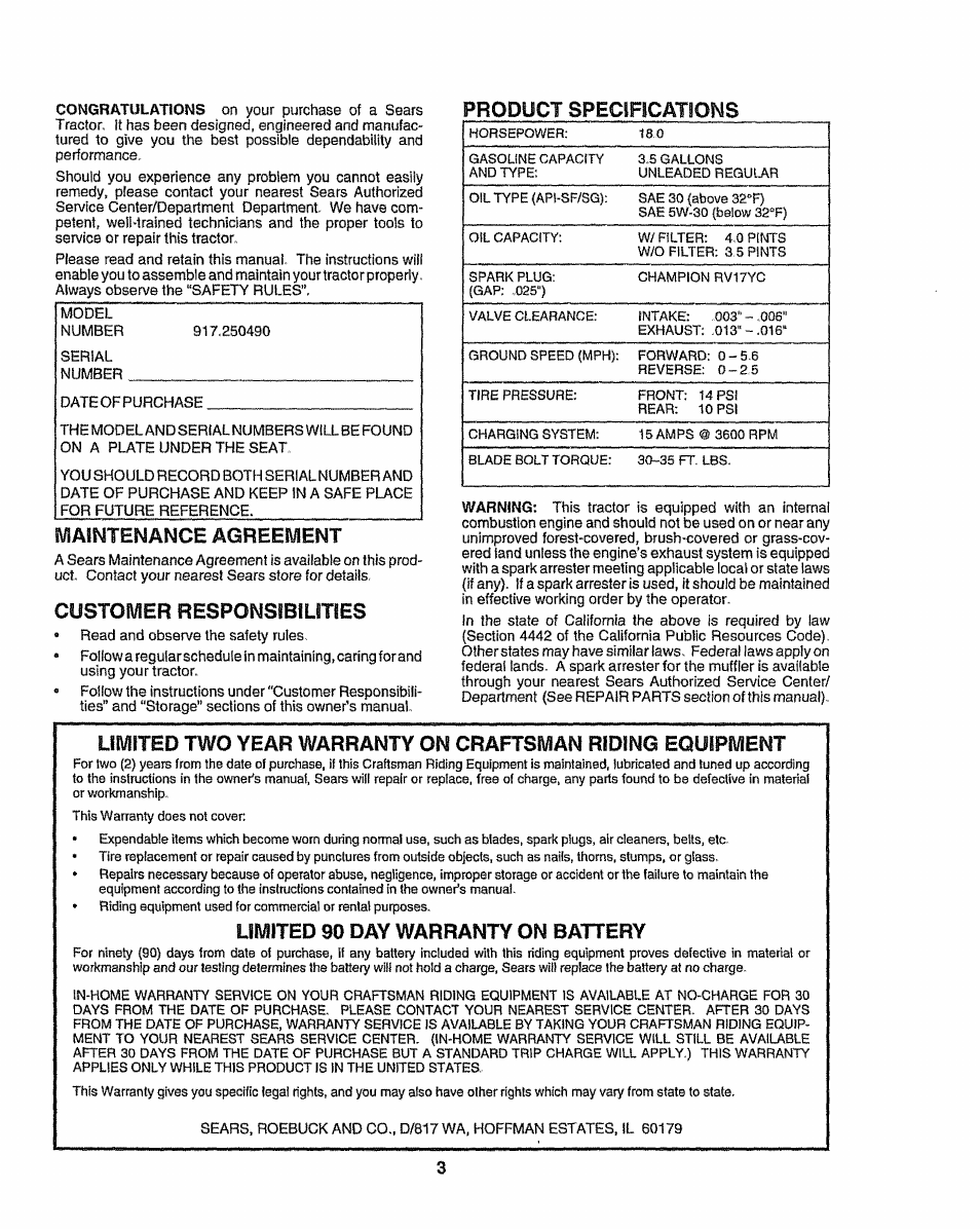 Product specifications, Maintenance agreement, Customer responsibilities | Limited 90 day warranty on battery | Sears 917.25049 User Manual | Page 3 / 64