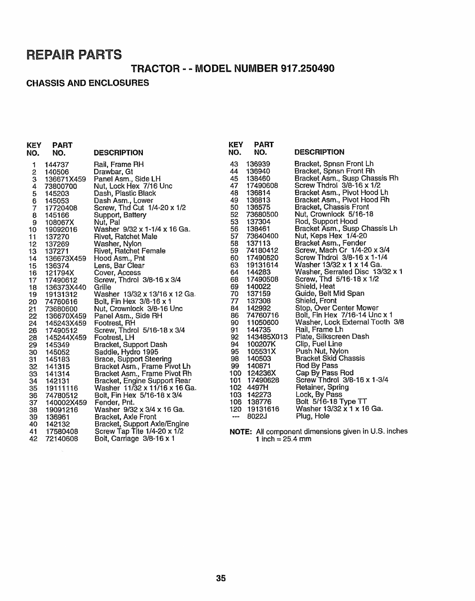 Tractor - - model number 917.250490, Chassis and enclosures, Repair parts | Sears 917.25049 User Manual | Page 35 / 64