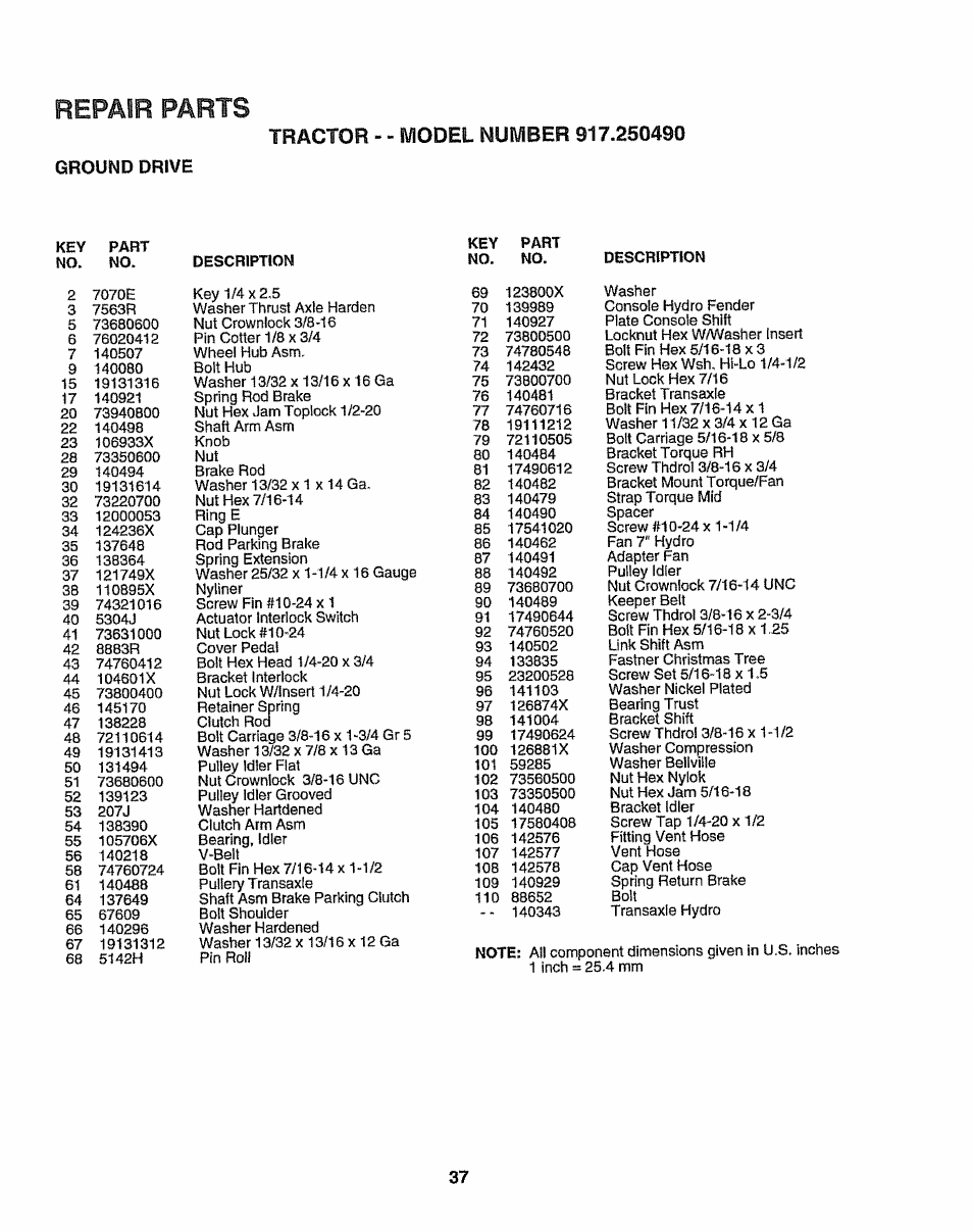 Ground drive, Repair parts | Sears 917.25049 User Manual | Page 37 / 64