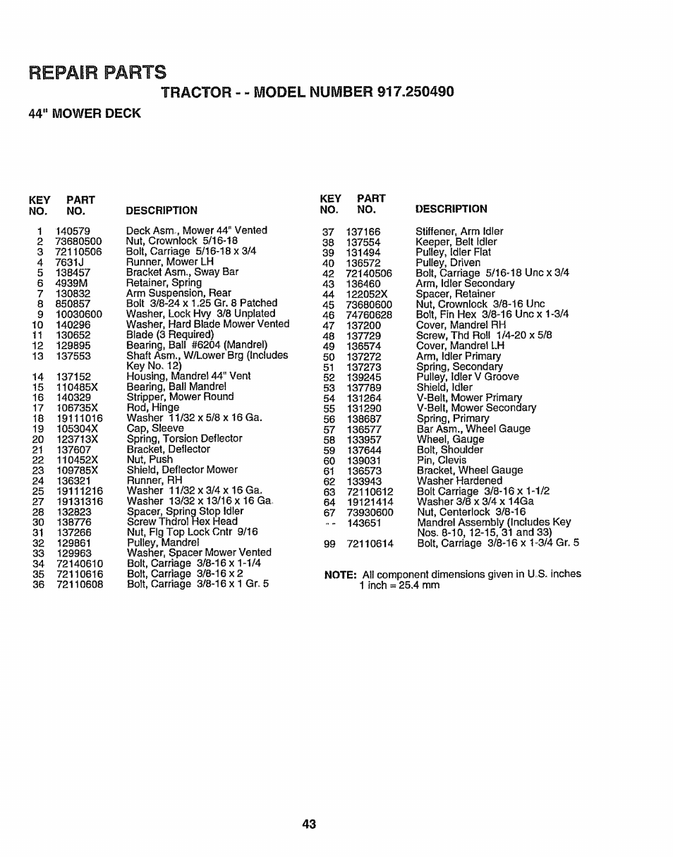 44" mower deck, Repair parts | Sears 917.25049 User Manual | Page 43 / 64