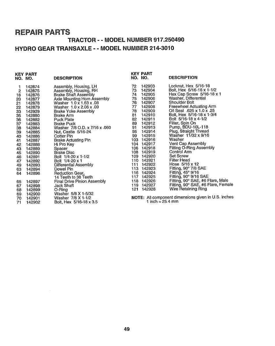Repair parts | Sears 917.25049 User Manual | Page 49 / 64