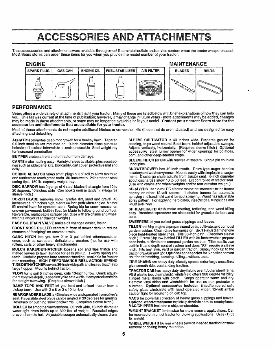 Engine, Maintenance, Performance | Accessories and attachments | Sears 917.25049 User Manual | Page 5 / 64