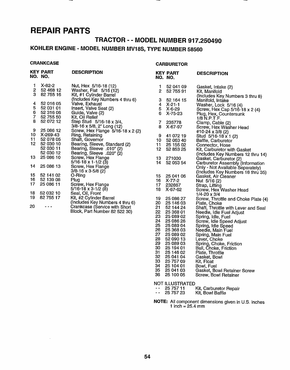 Repair parts | Sears 917.25049 User Manual | Page 54 / 64