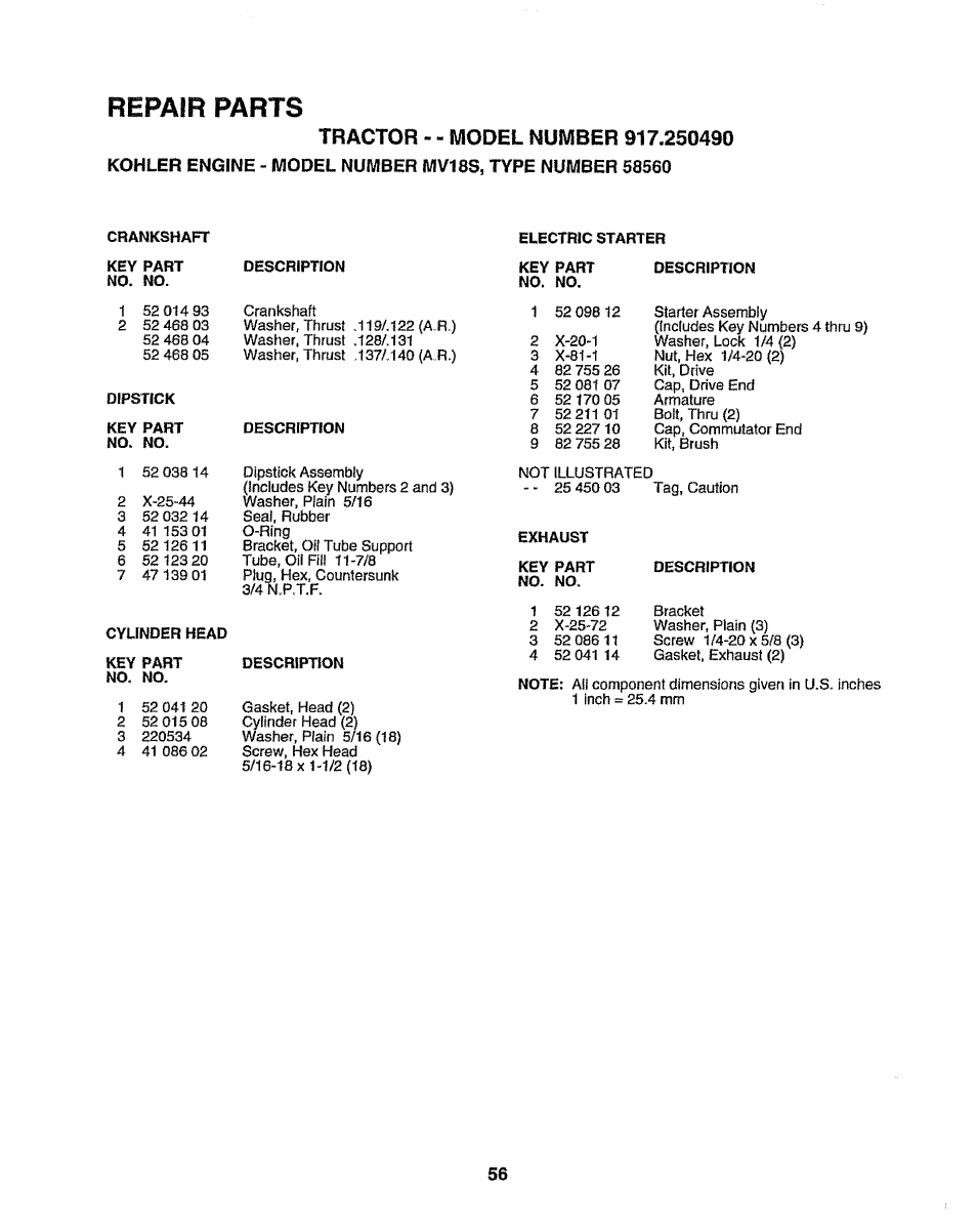 Repair parts | Sears 917.25049 User Manual | Page 56 / 64