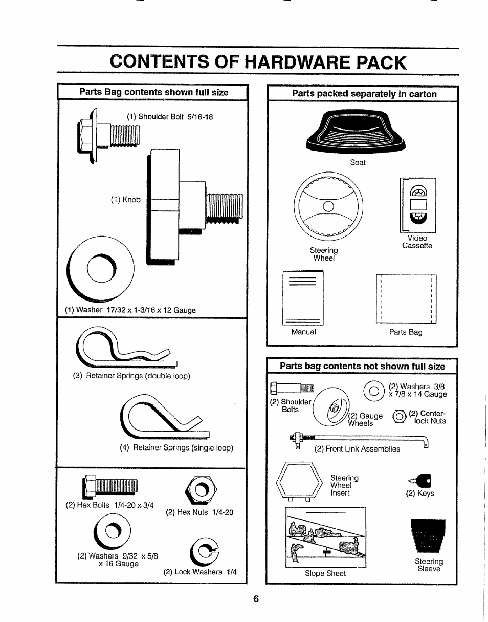 Contents of hardware pack, Parts packed separately in carton | Sears 917.25049 User Manual | Page 6 / 64