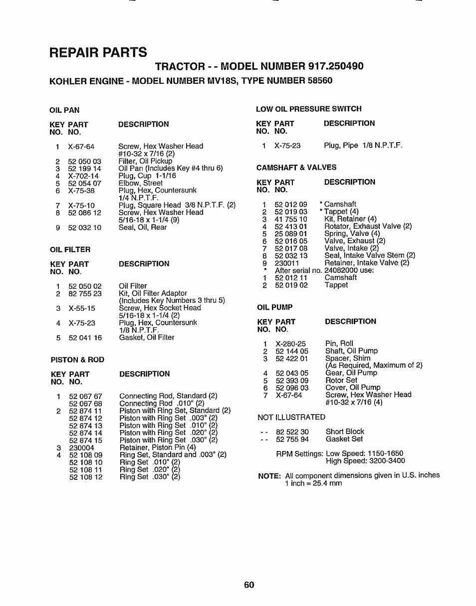 Repair parts | Sears 917.25049 User Manual | Page 60 / 64