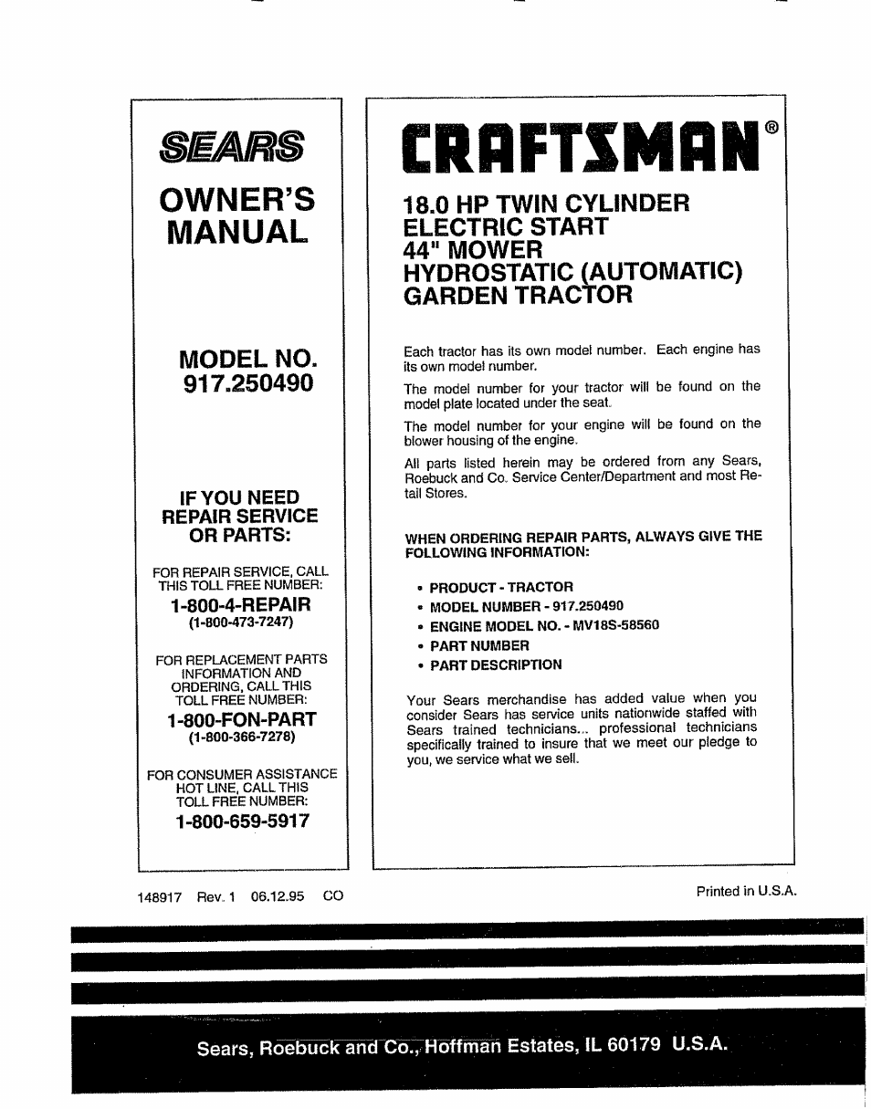 Cmftsmrh* owner’s, Manual, 0 hp twin cylinder | Sears 917.25049 User Manual | Page 64 / 64