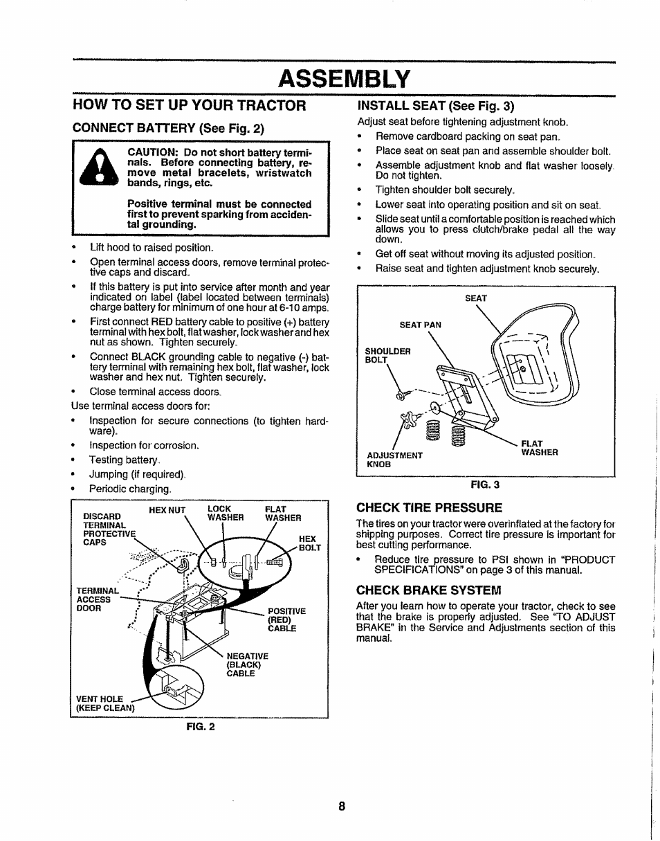 How to set up your tractor, Connect battery (see fig. 2), Install seat (see fig. 3) | Check tire pressure, Check brake system, Assembly | Sears 917.25049 User Manual | Page 8 / 64