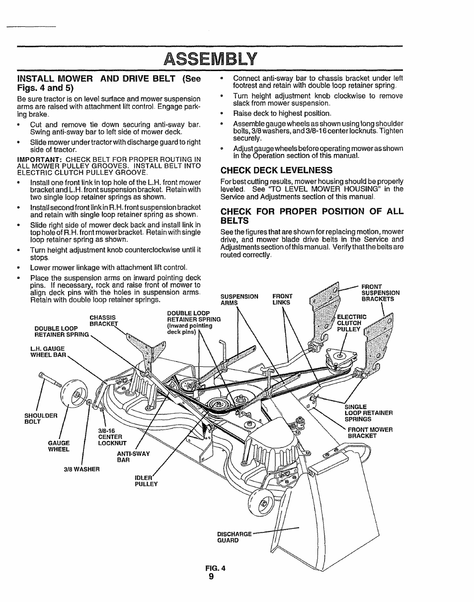 Install power and drive belt {see figs. 4 and 5), Check deck levelness, Check for proper position of all belts | Assembly | Sears 917.25049 User Manual | Page 9 / 64