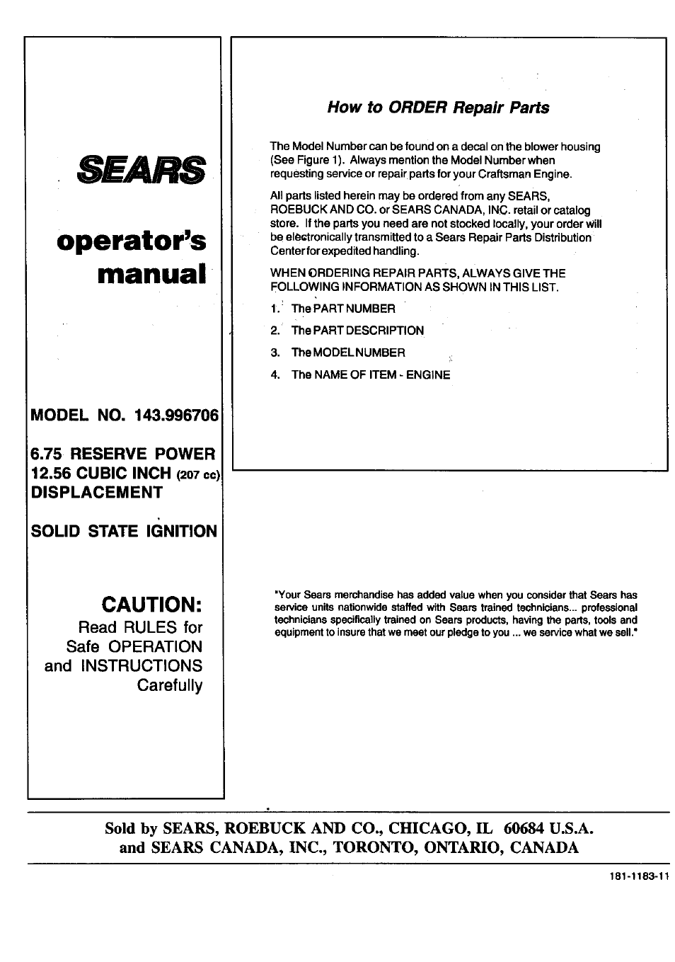 Model no. 143.996706, Solid state ignition, Operator’s manual | Caution | Sears 143.996706 User Manual | Page 12 / 12